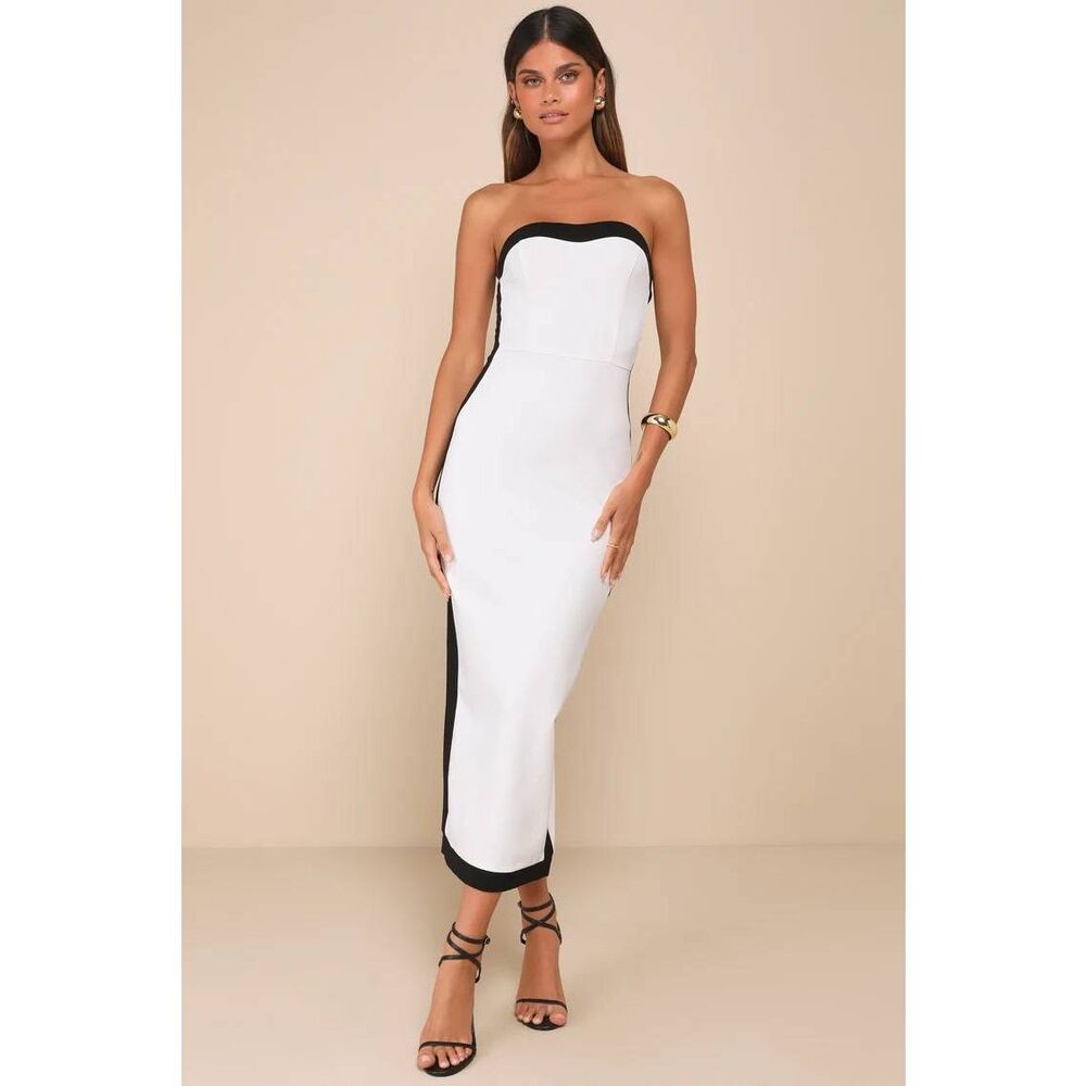 NWT Lulus Impressive‎ Edge White Color Block Strapless Midi Dress Size XS